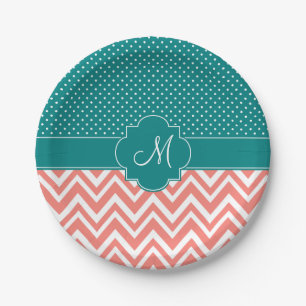 Monogram Coral Chevron with Teal Polka Dot Pattern Paper Plate