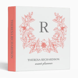 Monogram Coral Magnolia Flowers Wreath Binder
