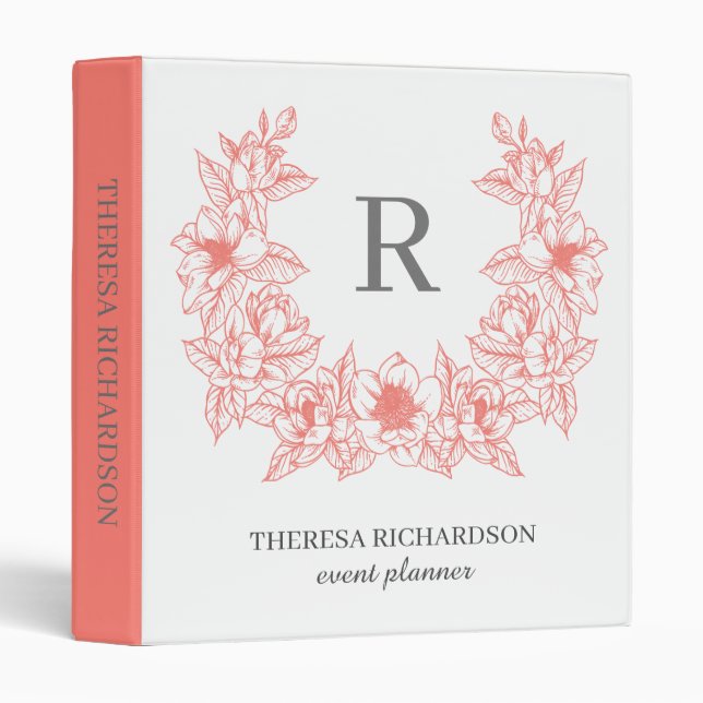 Monogram Coral Magnolia Flowers Wreath Binder (Front/Spine)