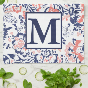 Monogram Coral Navy Peach Vintage Floral Pattern Kitchen Towel