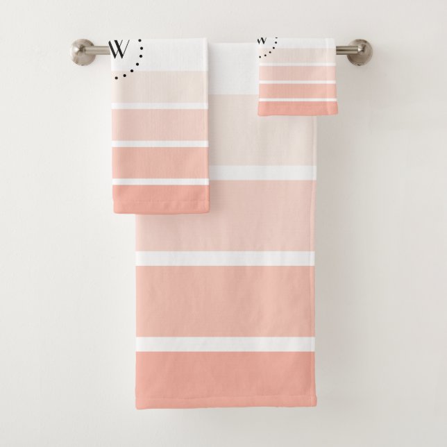 Monogram Coral Pastel Stripes Bathroom Towel Set (Insitu)