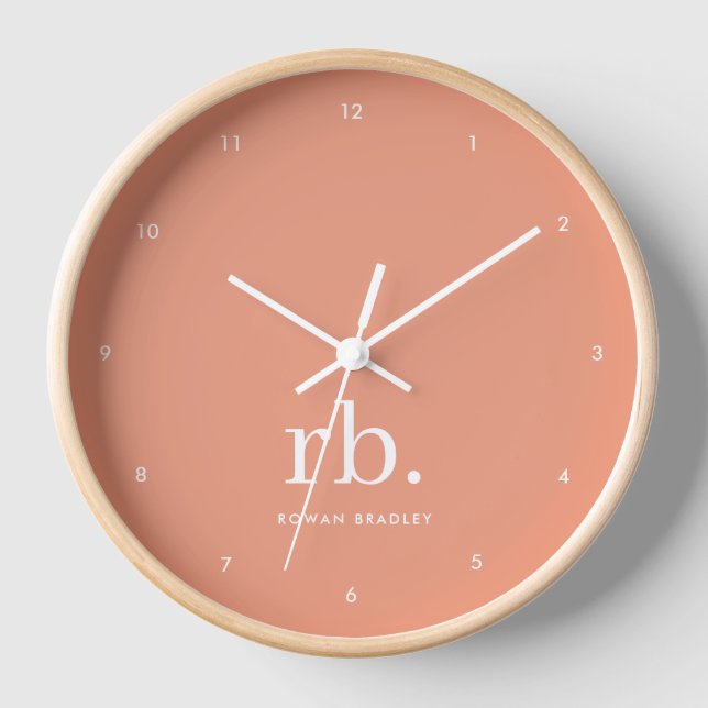 Monogram Coral Peach Elegant Feminine Minimalist Clock (Front)
