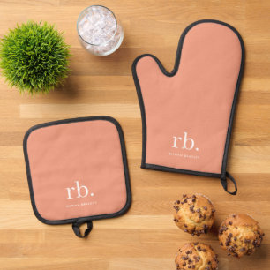 Monogram Coral Peach Elegant Feminine Minimalist Oven Mitt & Pot Holder Set