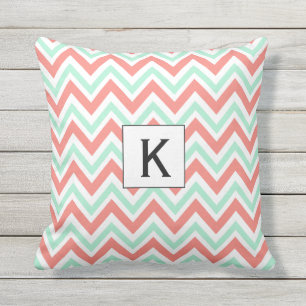 Monogram Coral Pink and Mint Green Chevron Pattern Throw Pillow