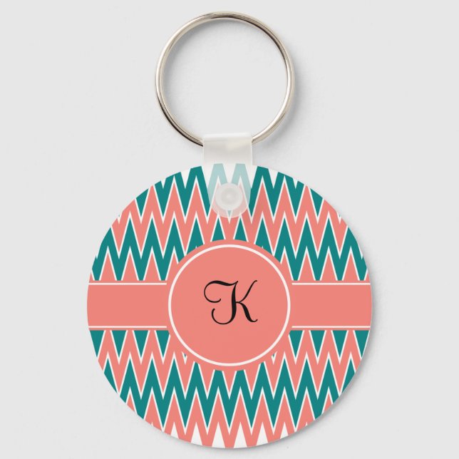 Monogram Coral Pink and Teal Zigzag Pattern Keychain (Front)