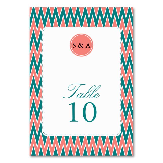 Monogram Coral Pink and Teal Zigzag Pattern Table Number (Front)