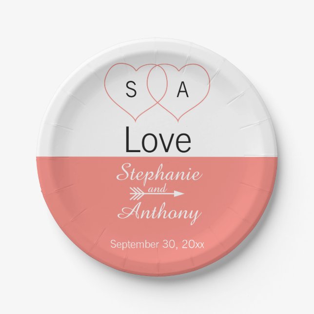 Monogram Coral Pink and White Colour Block Wedding Paper Plate (Front)