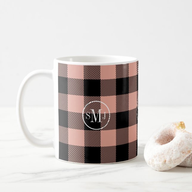 Monogram Coral Pink Buffalo Plaid Coffee Mug (With Donut)