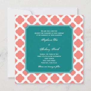 Monogram Coral Pink Quatrefoil Pattern with Teal Invitation