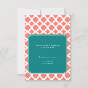 Monogram Coral Pink Quatrefoil Pattern with Teal RSVP Card