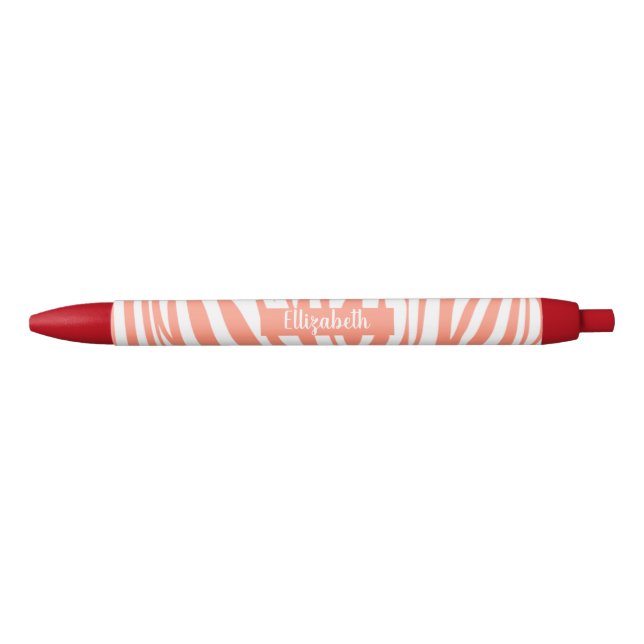 Monogram Coral Pink Striped Zebra Pattern Trendy Black Ink Pen (Front)