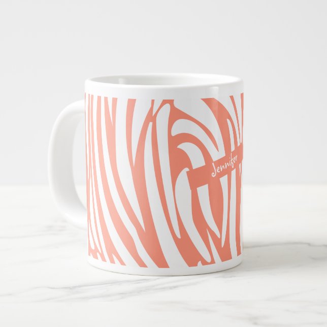Monogram Coral pink Striped Zebra Pattern Trendy Large Coffee Mug (Front Left)