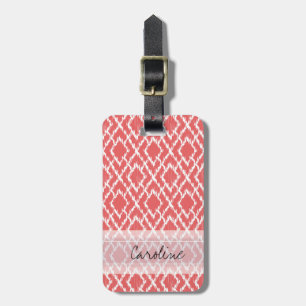 Monogram Coral Pink Tribal Ikat Diamond Pattern Luggage Tag