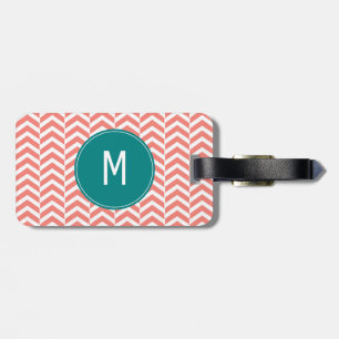 Monogram Coral Pink with Teal Chevron Pattern Luggage Tag