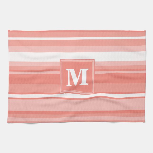 Monogram coral stripes kitchen towel (Horizontal)