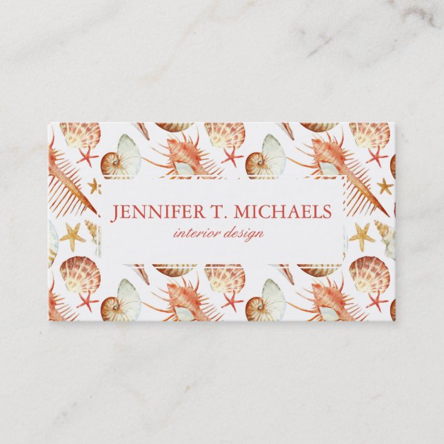 Monogram Coral With Shells And Crabs Pattern Business Card (Front)