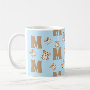 Monogram & Corgi Pattern Blue Coffee Mug