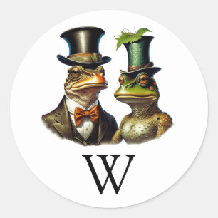 Monogram Cottagecore Funny Victorian Frog Couple Classic Round Sticker