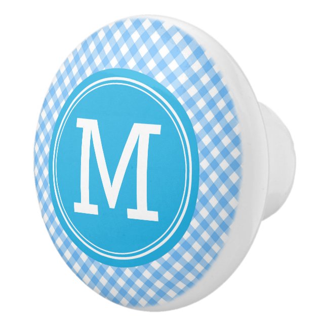 Monogram Country Chic Baby Blue Gingham Ceramic Knob (Right)