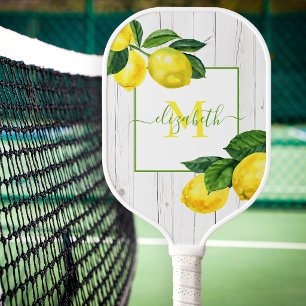 Monogram country lemons watercolor on rustic wood pickleball paddle