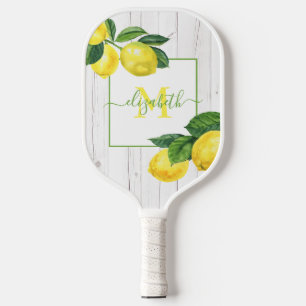 Monogram country lemons watercolor on rustic wood pickleball paddle