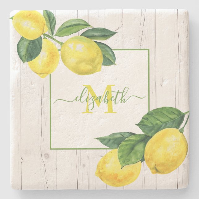 Monogram country lemons watercolor on rustic wood stone coaster (Front)