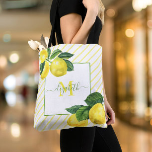 Monogram country lemons watercolor stripes rustic tote bag