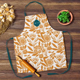 Monogram Country Style Bold FloralPattern Yellow Apron