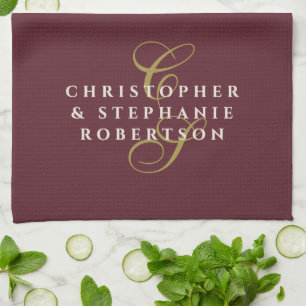 Monogram Couple Burgundy Gold Cream Minimalist Kitchen Towel