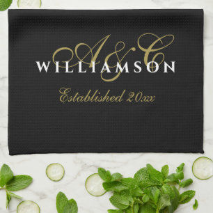 Monogram Couple Est. Year Black Gold White Minimal Kitchen Towel
