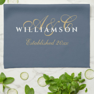 Monogram Couple Est. Year Blue Gold White Minimal  Kitchen Towel
