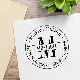 Monogram Couple Family Round Address 2 Rubber Stamp