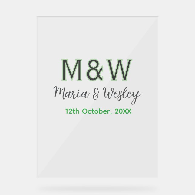 Monogram couple grey green modern romantic date si acrylic sign (Front)