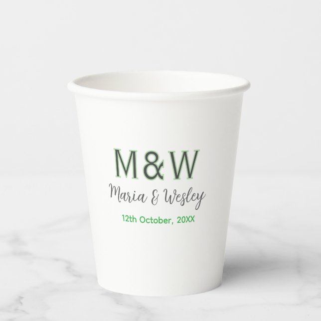 Monogram couple grey green modern romantic date si paper cups (Front)