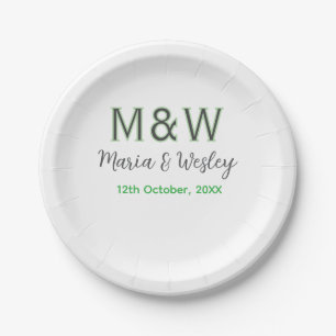 Monogram couple grey green modern romantic date si paper plate