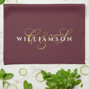 Monogram Couple Minimalist Burgundy Gold Cream Kitchen Towel