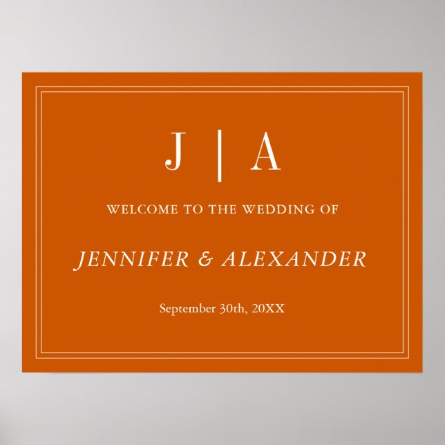 Monogram Couple Name Simple Burnt Orange And White Poster (Front)
