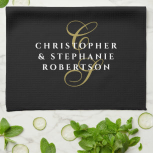 Monogram Couple Names  Black Gold White Minimalist Kitchen Towel
