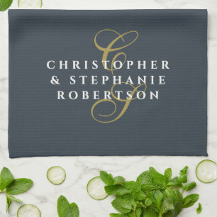 Monogram Couple Navy Blue Gold White Minimalist  Kitchen Towel