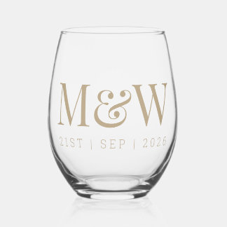 Monogram Couple's Modern Initials Gold Wedding Stemless Wine Glass