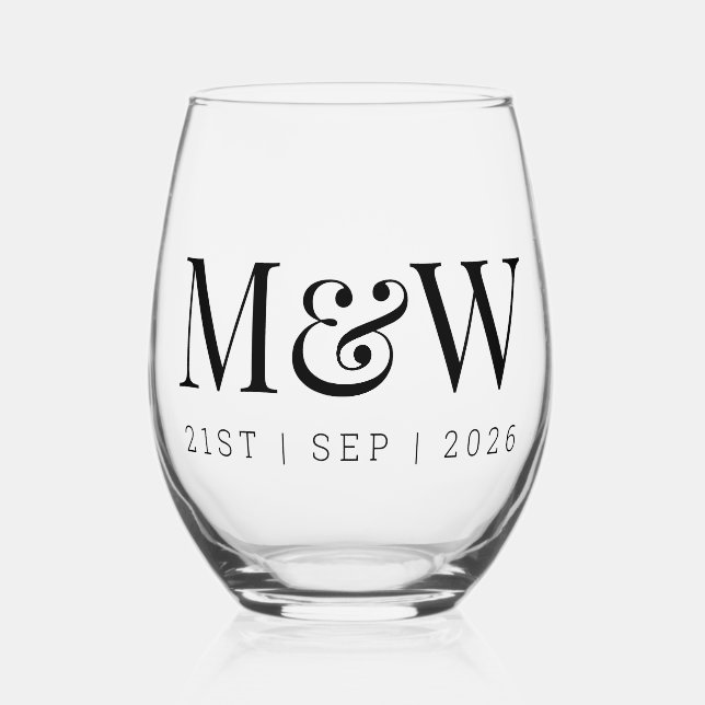 Monogram Couple's Modern Initials Wedding Stemless Wine Glass (Front)