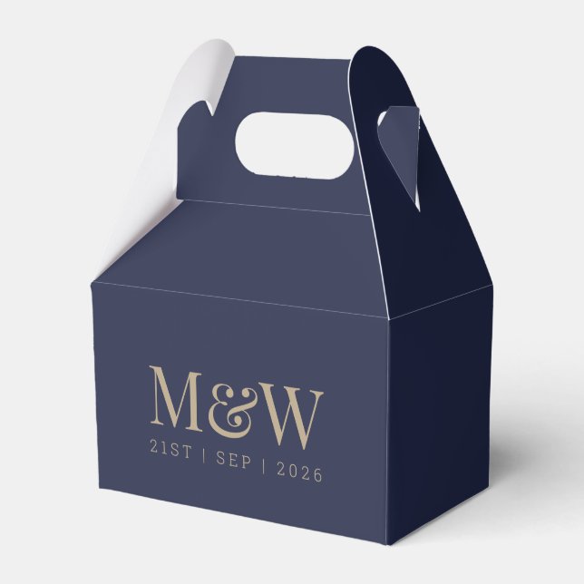 Monogram Couple's Modern Wedding Gold Navy Favor Box (Front Side)