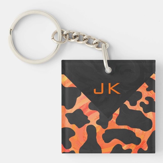 Monogram Cow Black and Orange Print Keychain (Front)