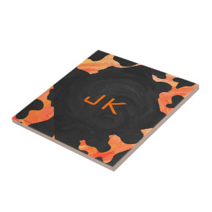 Monogram Cow Black and Orange Print Tile