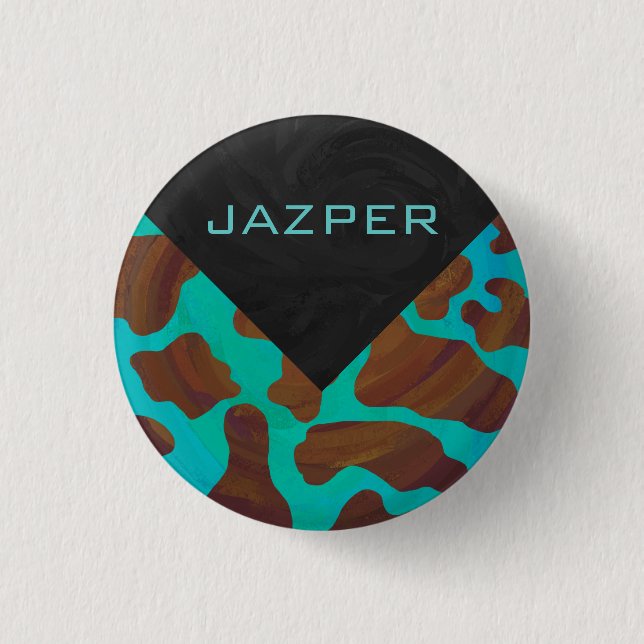 Monogram Cow Brown and Teal Print 1 Inch Round Button (Front)