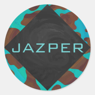 Monogram Cow Brown and Teal Print Classic Round Sticker