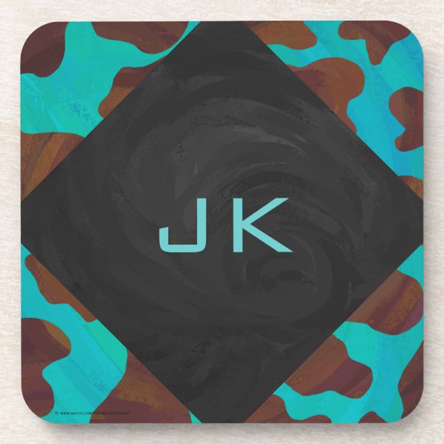 Monogram Cow Brown and Teal Print Coaster (Front)