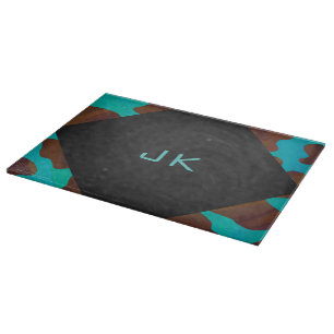 Monogram Cow Brown and Teal Print Cutting Board