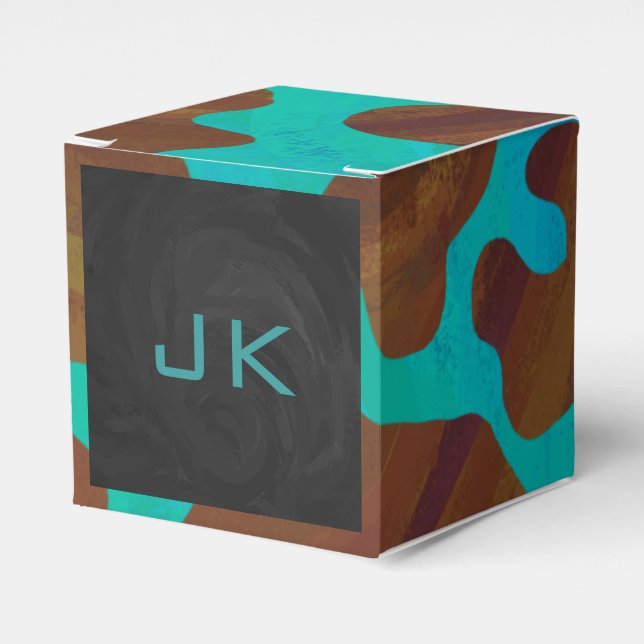 Monogram Cow Brown and Teal Print Favor Box (Front Side)