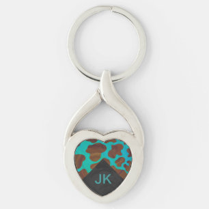 Monogram Cow Brown and Teal Print Keychain